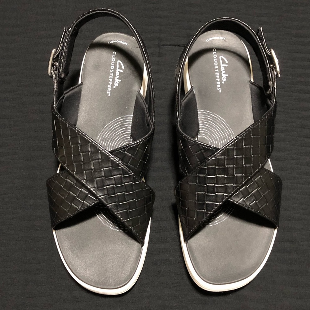 Clarks Cloudsteppers Drift Sun Black Woven Women's Sandals Size 11 M Cushion